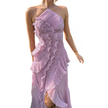 Pleated Halter Neck Ruffle Maxi Dress