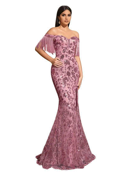 Sequined Off-Shoulder Slit Dress