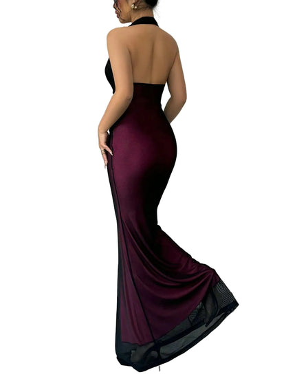Halter Neck Burgundy Mermaid Maxi Dress