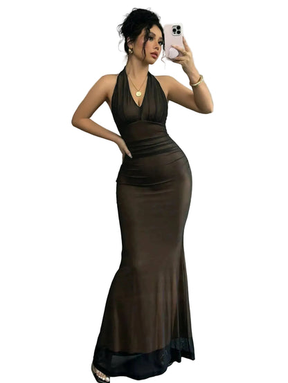 Halter Neck Burgundy Mermaid Maxi Dress