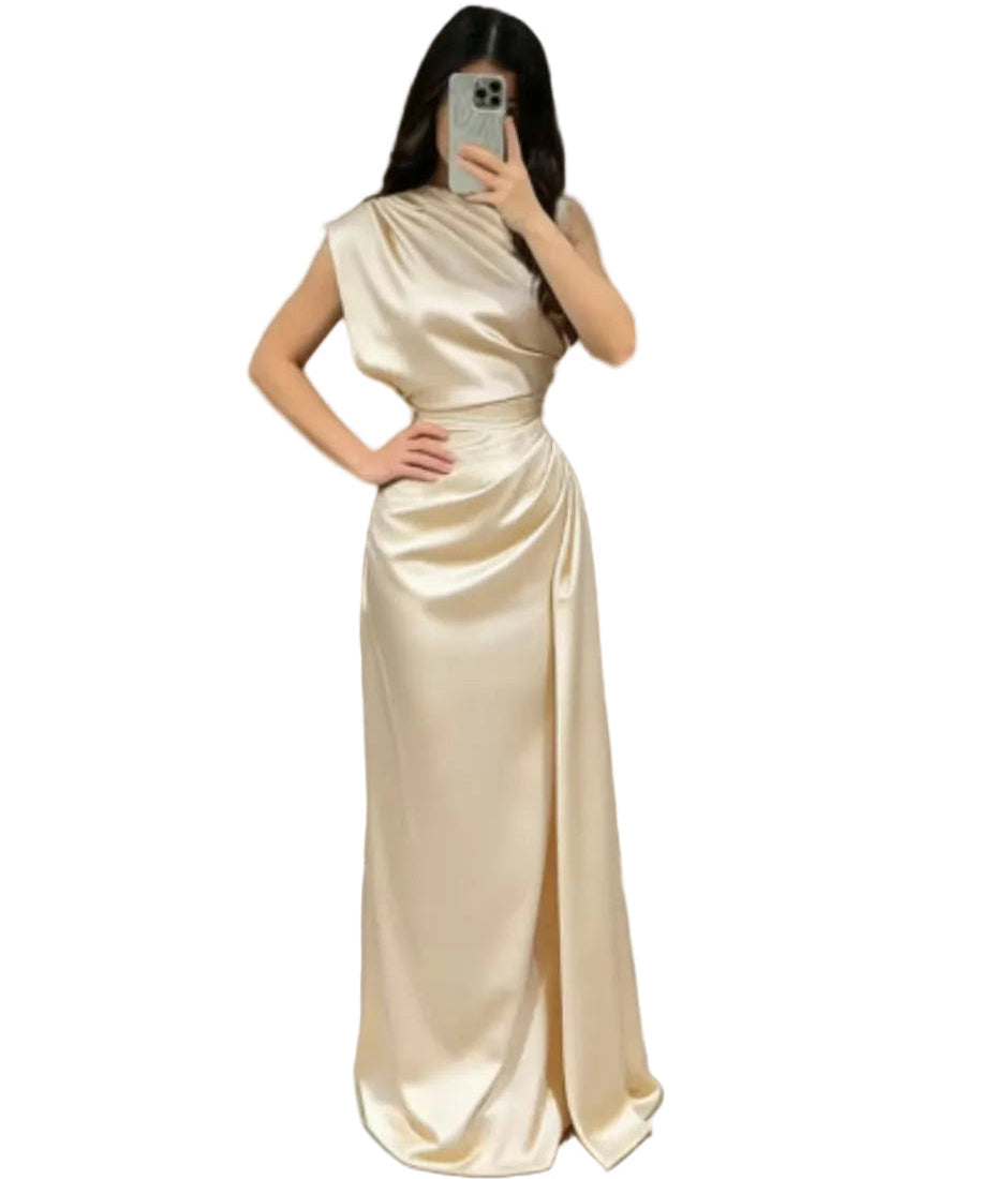 Satin One-Shoulder Ruched Maxi Dress
