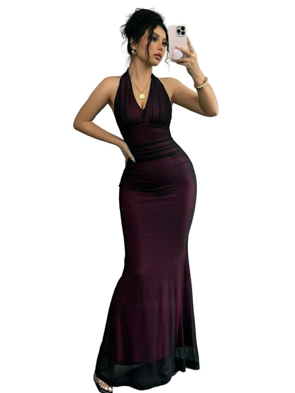 Halter Neck Burgundy Mermaid Maxi Dress