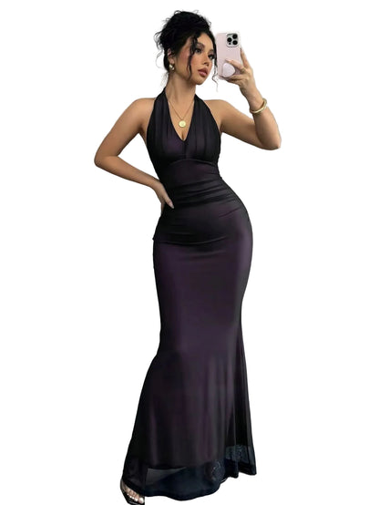 Halter Neck Burgundy Mermaid Maxi Dress