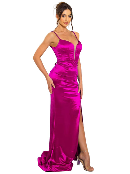 Lace-Up Satin High Slit Evening Gown
