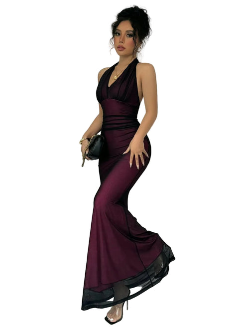 Halter Neck Burgundy Mermaid Maxi Dress
