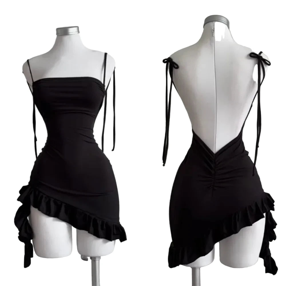 Backless Lace-Up Ruffle Bodycon Dress