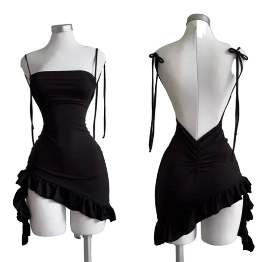 Backless Lace-Up Ruffle Bodycon Dress