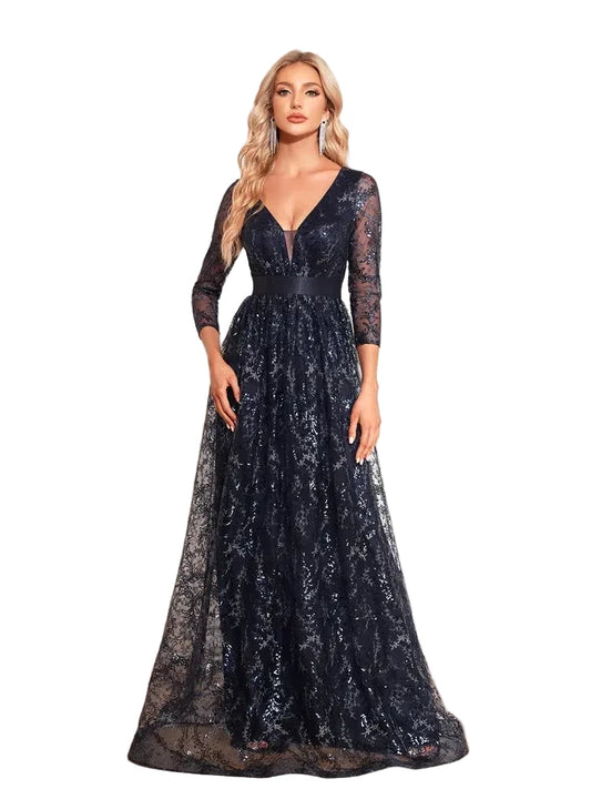 Luxury Floral Blue Evening Dress