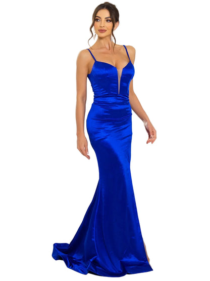 Lace-Up Satin High Slit Evening Gown
