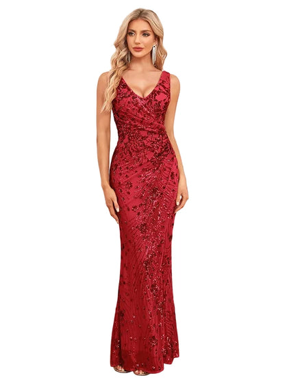 V-Neck Sequin Mermaid Evening Dress