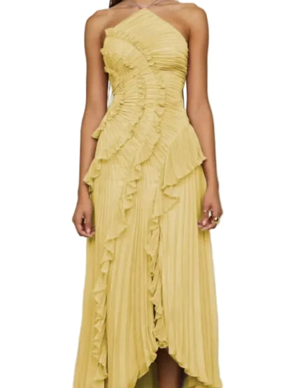 Pleated Halter Neck Ruffle Maxi Dress