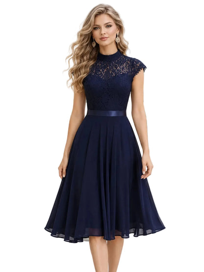 Lace High Neck Cap Sleeve Cocktail Dress
