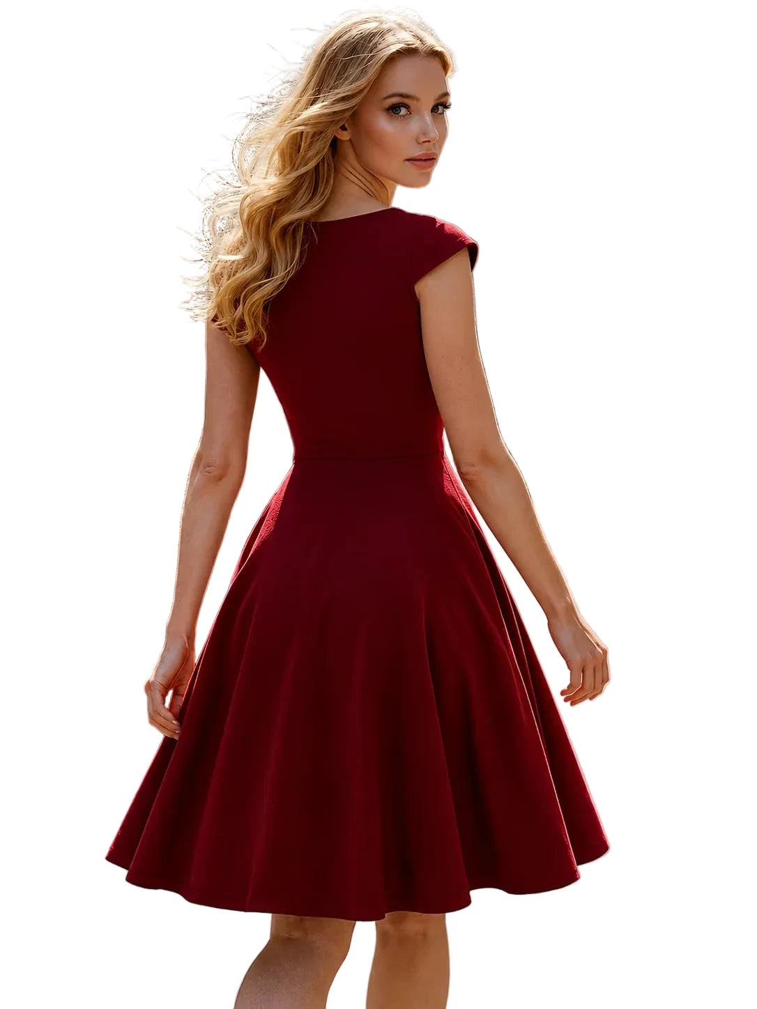 Burgundy V-Neck Wrap A-Line Midi Dress