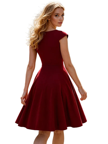 Burgundy V-Neck Wrap A-Line Midi Dress