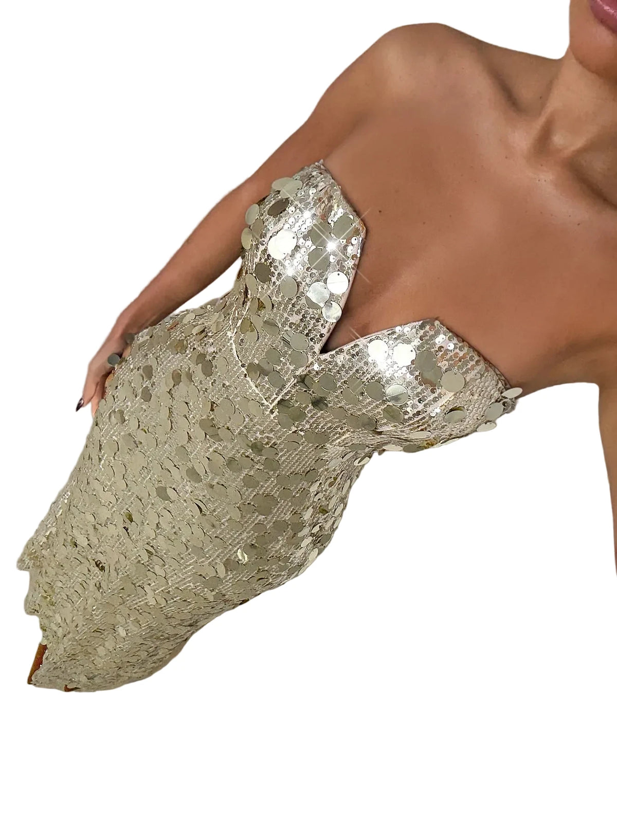 Strapless V-Neck Sequin Evening Gown