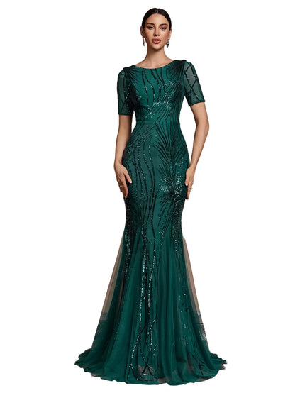 Short Sleeve Sequin Mermaid Evening Gown