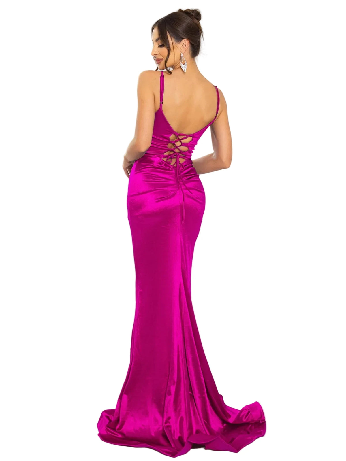 Lace-Up Satin High Slit Evening Gown
