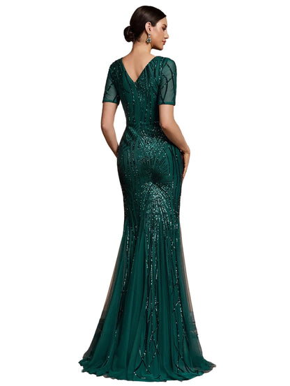 Short Sleeve Sequin Mermaid Evening Gown