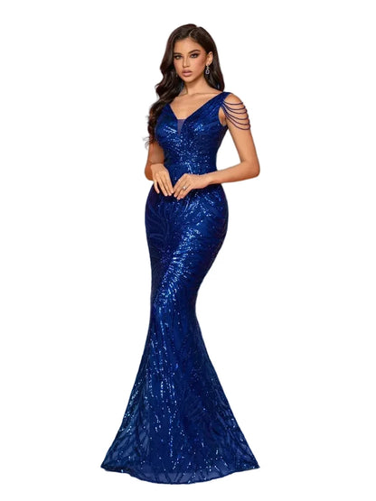 V-Neck Sequin Mermaid Evening Dress