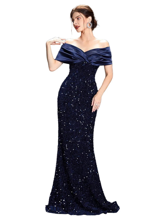 Off-Shoulder Sequin Velvet Mermaid Gown
