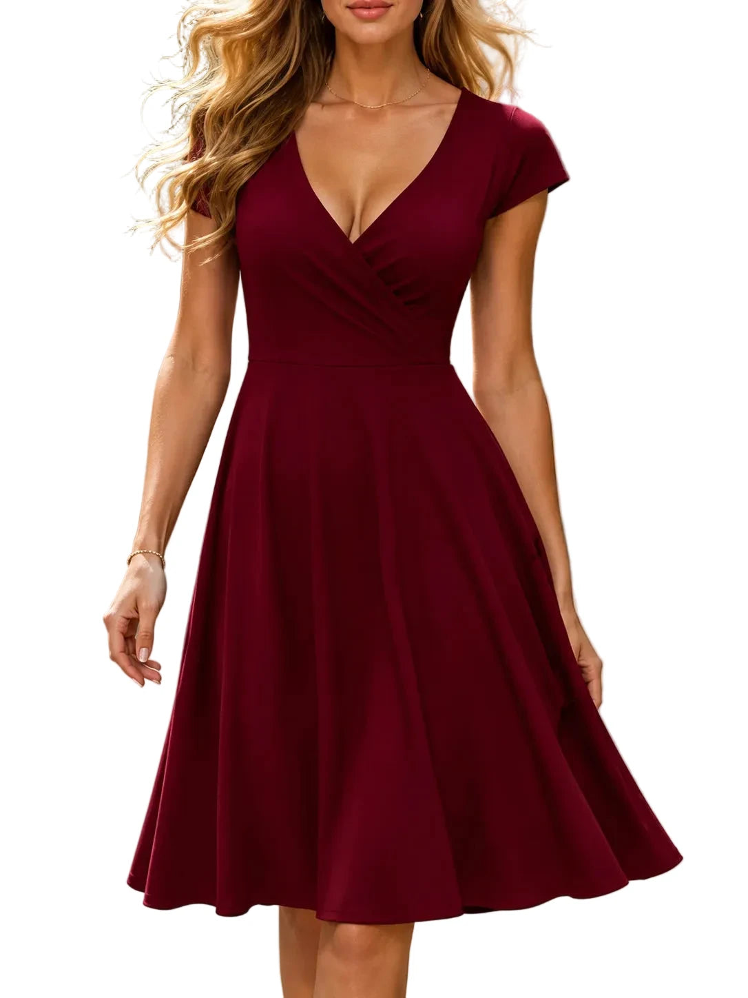 Burgundy V-Neck Wrap A-Line Midi Dress
