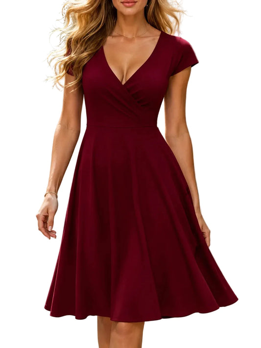 Burgundy V-Neck Wrap A-Line Midi Dress