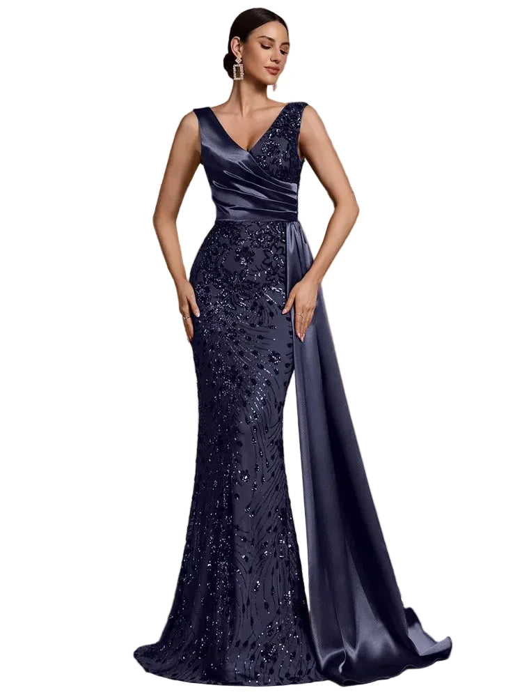 Elegant V-Neck Sequin Evening Dress