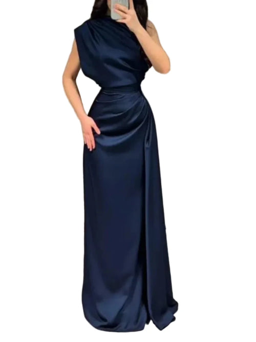 Satin One-Shoulder Ruched Maxi Dress