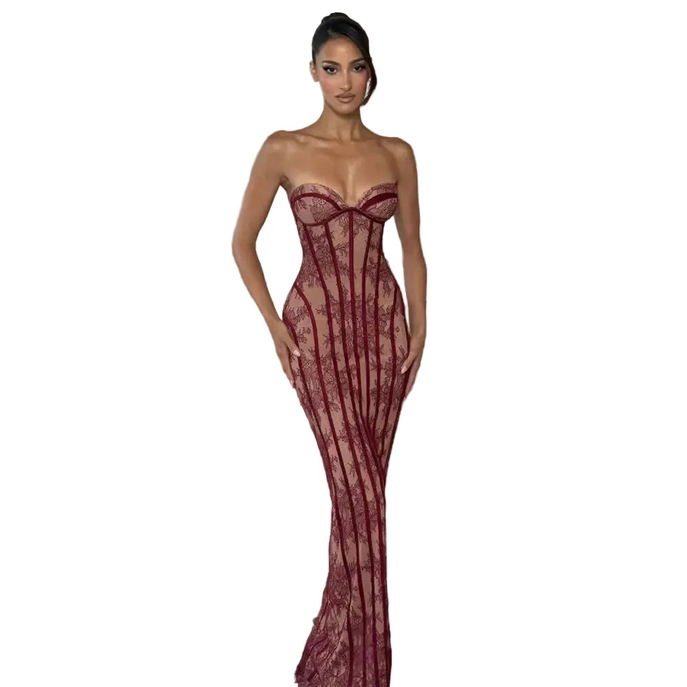 Elegant Strapless Lace Evening Dress