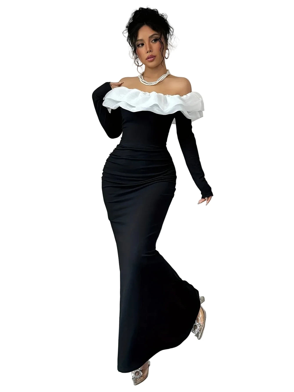 Black & White Off-Shoulder Long Sleeve Gown