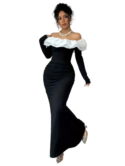 Black & White Off-Shoulder Long Sleeve Gown
