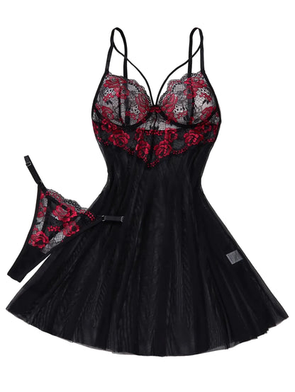 Rose Embroidery Mesh Lingerie Set
