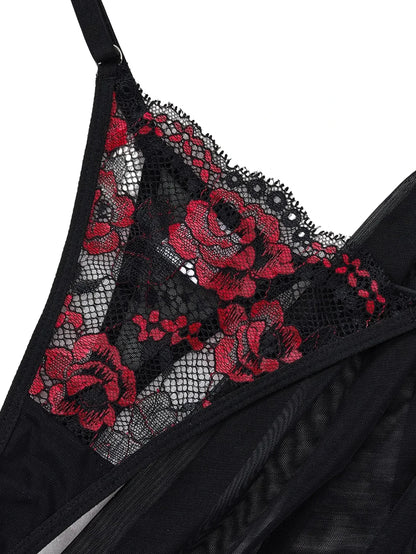 Rose Embroidery Mesh Lingerie Set