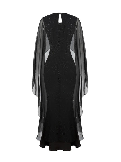 Black Chiffon Cape Mermaid Maxi Dress
