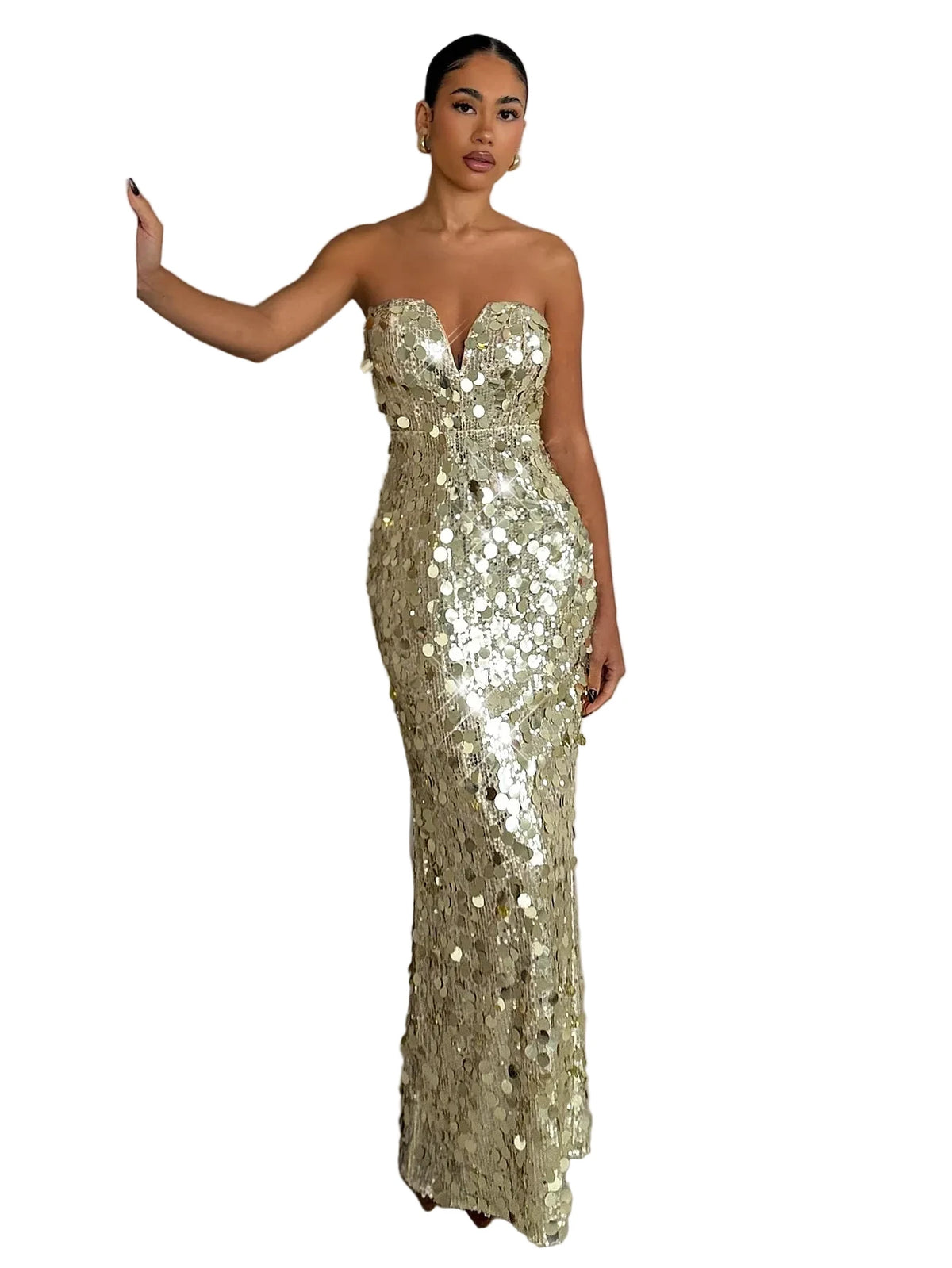 Strapless V-Neck Sequin Evening Gown