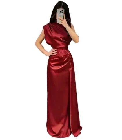 Satin One-Shoulder Ruched Maxi Dress