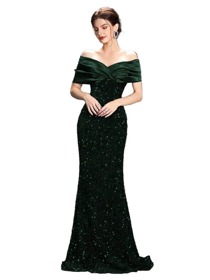 Off-Shoulder Sequin Velvet Mermaid Gown