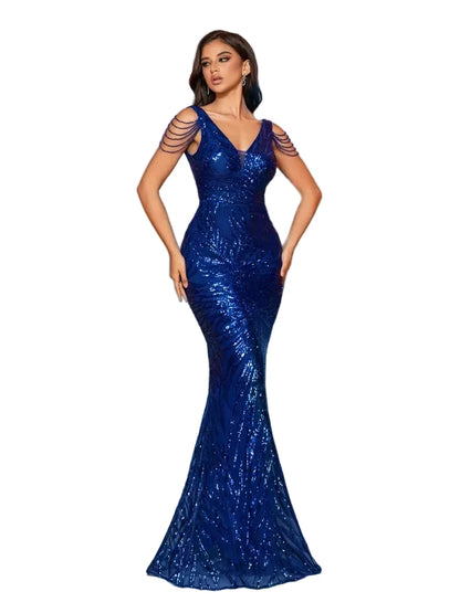 V-Neck Sequin Mermaid Evening Dress