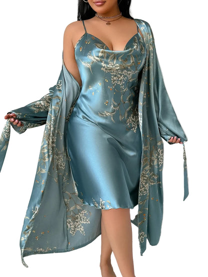 Women's Floral Satin Robe & Slip Dress Set