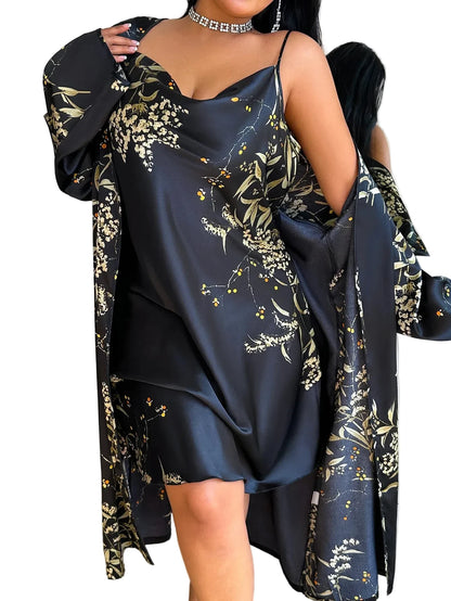 Women's Floral Satin Robe & Slip Dress Set