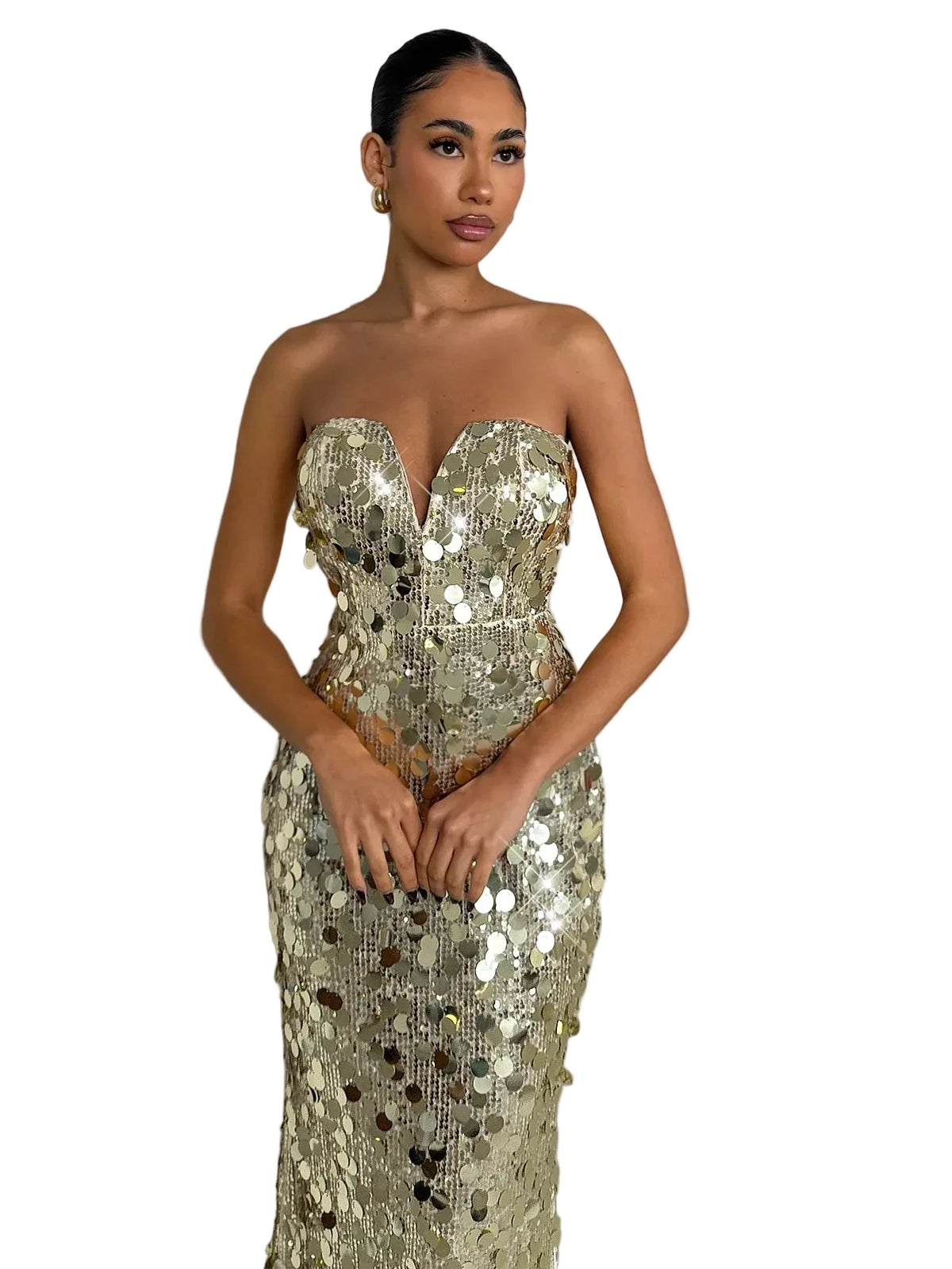 Strapless V-Neck Sequin Evening Gown