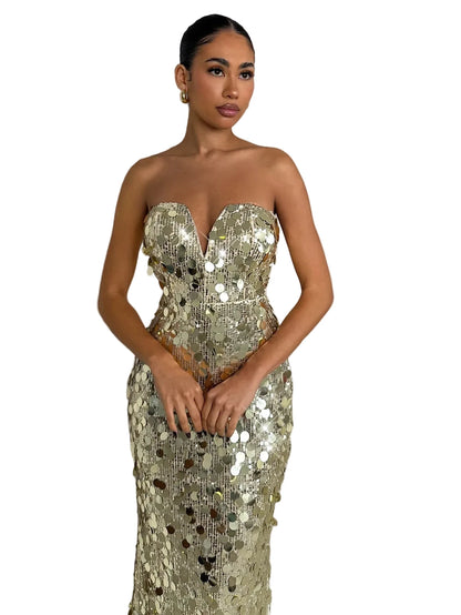 Strapless V-Neck Sequin Evening Gown