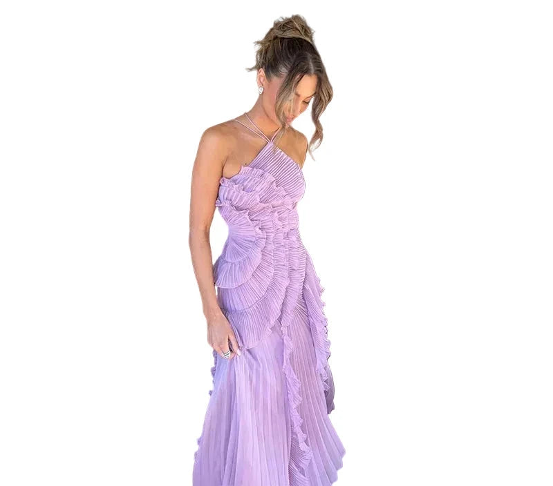 Pleated Halter Neck Ruffle Maxi Dress