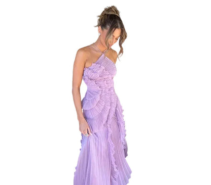 Pleated Halter Neck Ruffle Maxi Dress