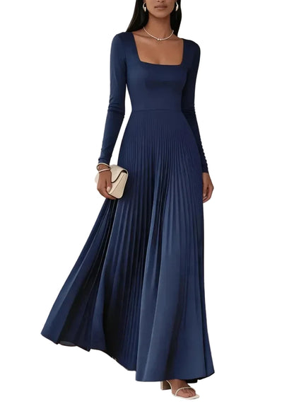 Square Neck Long Sleeve Pleated Maxi Dress