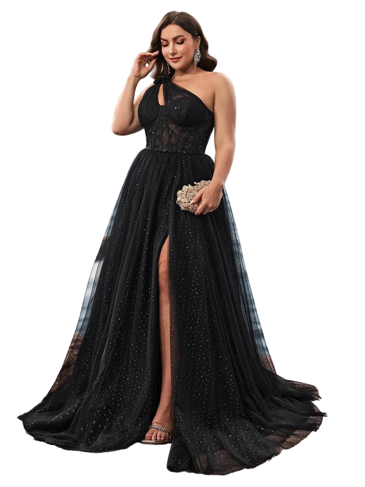 Plus Size One-Shoulder Tulle Evening Gown