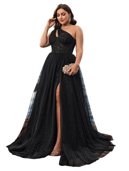 Plus Size One-Shoulder Tulle Evening Gown