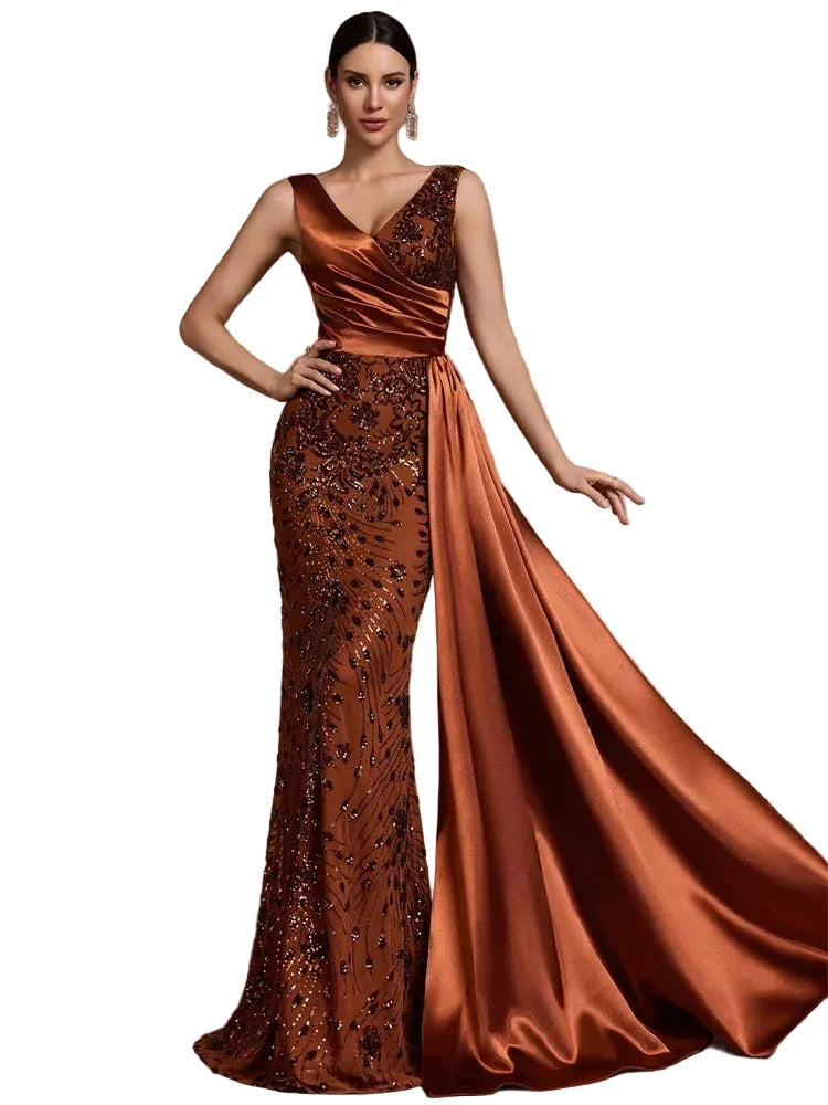Elegant V-Neck Sequin Evening Dress