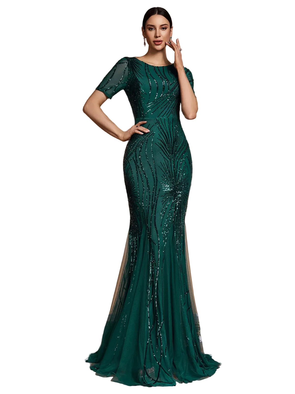 Short Sleeve Sequin Mermaid Evening Gown