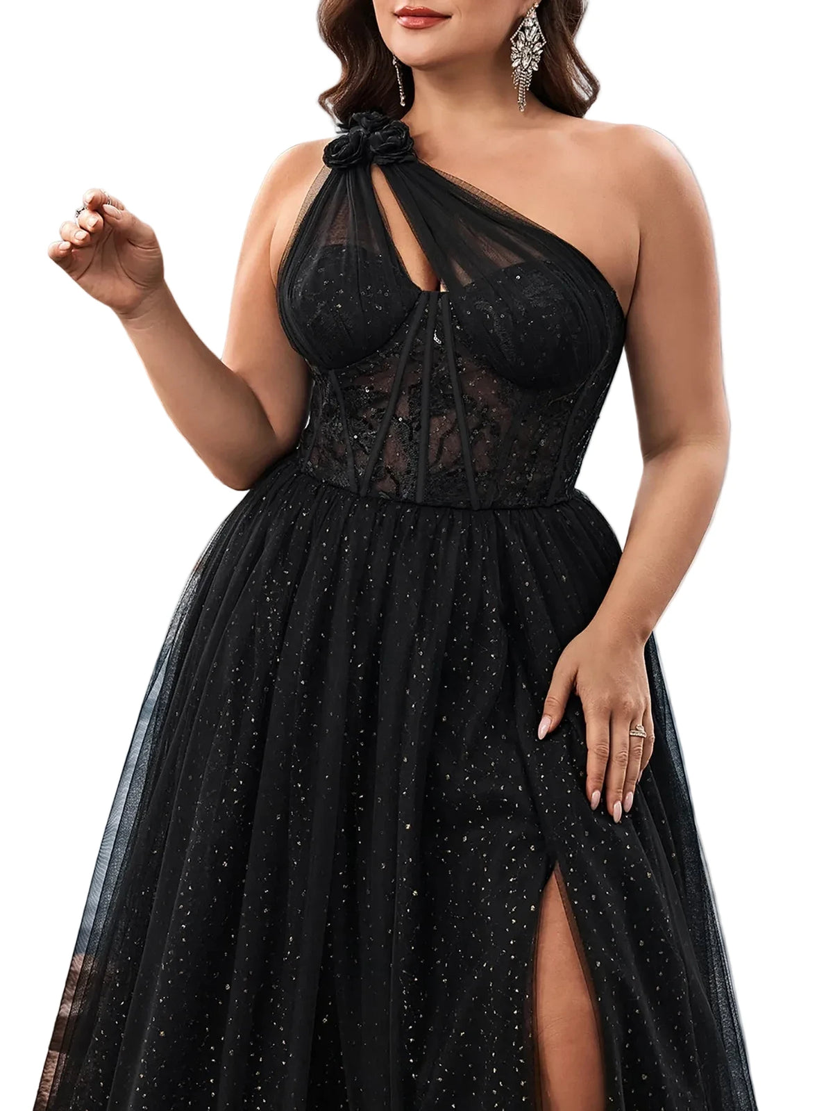 Plus Size One-Shoulder Tulle Evening Gown